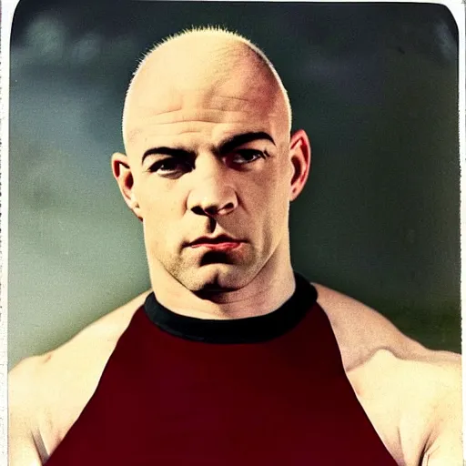 Prompt: coloured photograph of a muscled young white bald guy with broad shoulders, black shirt and a large chest driving a racing red mustang down a british road, high detail, very clear faces