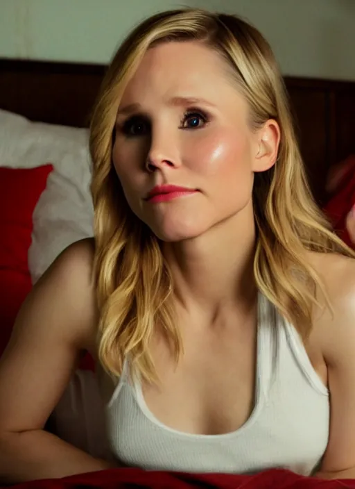 Image similar to gameplay footage, first person view, my pov, kristen bell on my bed looking at me, on my bed