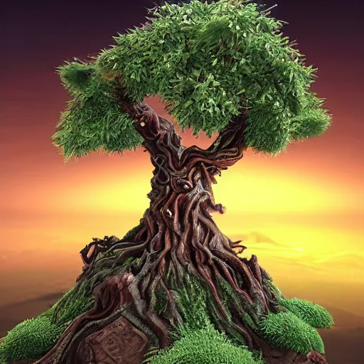 Prompt: fabulous, mighty, onimous tree in a fantasy world, dreamlike sunraise, ultra realistic, ultra detailed