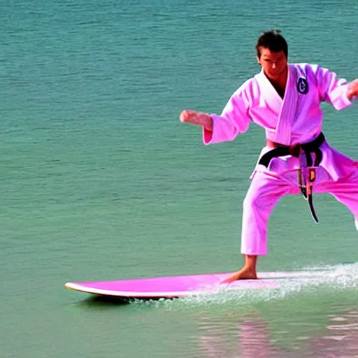 Image similar to a karate person in a karate outfit surfing on a river of pink fur