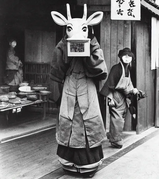 Image similar to 1 8 th century japanese street market in kyoto 1 9 0 0 s early photography portrait anthro anthropomorphic deer head animal person fursona wearing clothes street trader