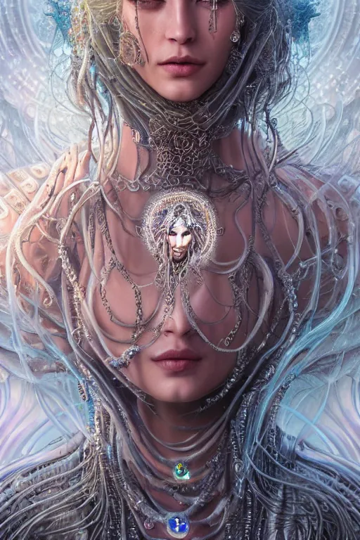 Prompt: a centered render of a wild post apocalyptic goddess with wearing ornate silver and gemstones and crystal clothing surrounded by flowing liquid gallium jellyfish and sacred geometry, perfect body and face, gorgeous, cinematic, beautifully lit, by artgerm, by karol bak, by donato giancola, 3 d, trending on artstation, octane render, 8 k