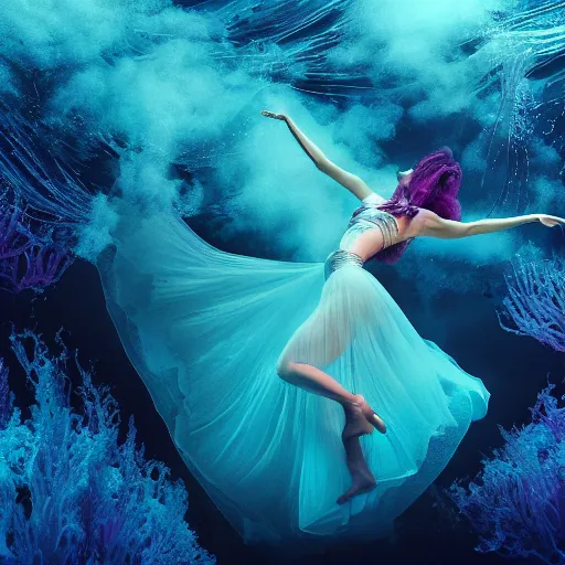 Image similar to woman dancing underwater wearing a flowing dress made of blue and magenta seaweed, delicate coral sea bottom, swirling silver fish, swirling smoke shapes, octane render, caustics lighting from above, cinematic