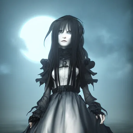 Prompt: full shot portrait of angry darkness anime girl at moonlight, gothic wearing, inspired by Tim Burton, WLOP, Marc Simonetti, Amano, Andrei Riabovitchev, detailed, unreal engine 4k volumetric light, fog,