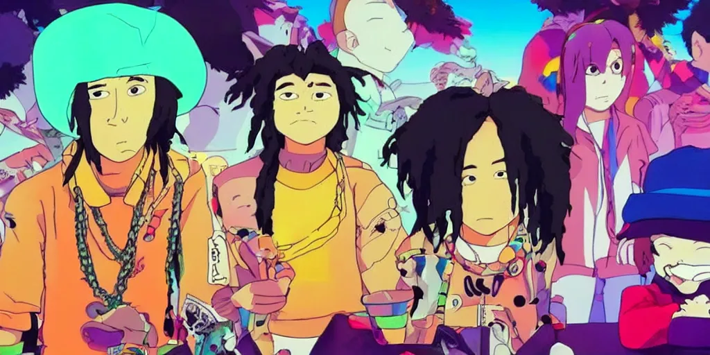 Prompt: colourful - gangster - chiefkeef , cinema lighting , Music video , in the style of studio Ghibli,