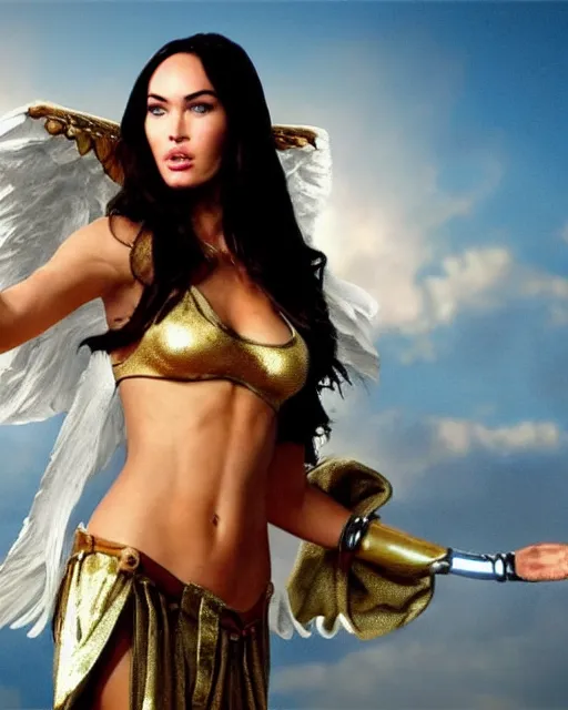 Prompt: megan fox as a Greek goddess in the sky, hyper ultra mega realistic