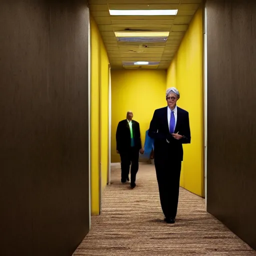 Image similar to Jerome Powell lost in the backrooms, old moist carpet, mono-yellow, fluorescent lights, randomly segmented rooms, eerie