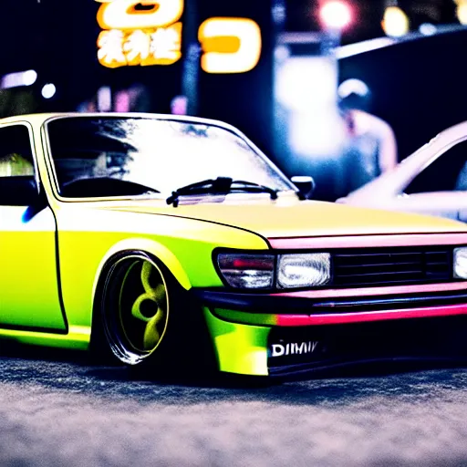 Image similar to a car S30 turbo drift at illegal car meet, shibuya prefecture, midnight mist streetlights, color grade, photorealistic, highly detailed wheels, highly detailed