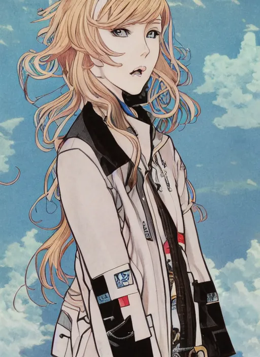 Prompt: a copic maker manga illustration by yoshiyuki sadamoto and lois van baarle and alphonse mucha of a russian girl highly features wearing streetwear anorak and a pilot suit lots of zippers, pockets, synthetic materials, by issey miyake and balenciaga 8 k