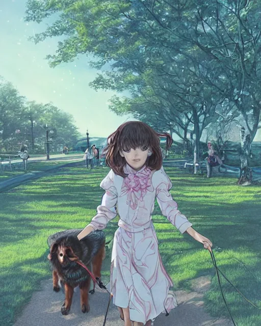 Image similar to a girl walking her small dog at the park, full shot, visible face, ambient lighting, detailed, art by ayami kojima, makoto shinkai, kilian eng