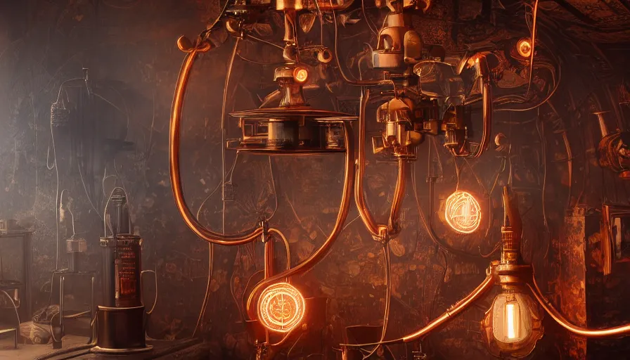 Prompt: A glowing electrical Steampunk glasses in a victorian museum, james gurney, cinematic lighting, lots of steam and sparks, wires made of copper, artstation, vibrant nature, Tuomas Korpi, tekkon kinreet, volumetric light, artstation, , octane render, redshift render, low angle camera, rich deep moody colors