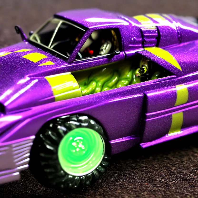 Image similar to close-up JZX100 twin turbo drift jet engine monster truck drag racer cowboy Cadillac hover-car UFO in the road, Tokyo prefecture, Japanese architecture, city sunset mist lights, cinematic lighting, photorealistic, detailed alloy wheels, highly detailed purple green snake oil wacky races power ranger bat-mobile transformer car