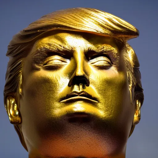 Prompt: donald trump golden statue starting to melt, drips of molten metal ground angle, uhd 8 k, sharp focus