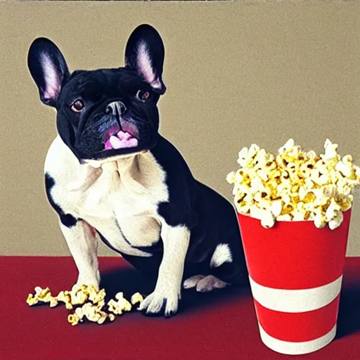 Prompt: french bulldog eating popcorn, in the style of tomma abts