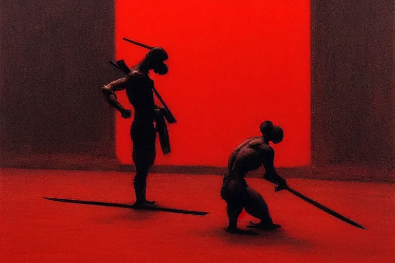 Image similar to only with red, a red samurai do seppuku, tokio, a lot of frogs watch, in the style of beksinski, parts by edward hopper, parts by rodcenko, parts by yue minjun, intricate and epic composition, red by caravaggio, insanely quality, highly detailed, masterpiece, red light, artstation, 4 k