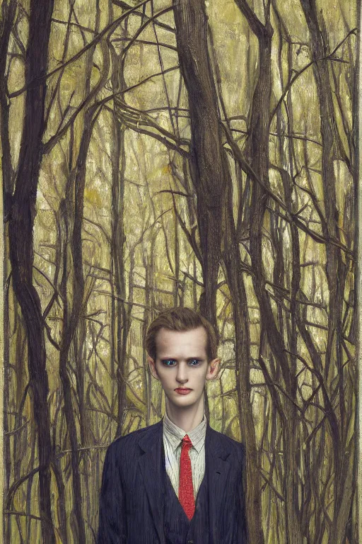 Prompt: close up portrait of slender - man wearing a suit, in a deserted playground in the woods, by frantisek kupka, intricate, miles johnston, kuroda seiki, cynical realism, ozabu, john william godward, painterly, yoshitaka amano, moebius, miles johnston, louise zhang, james jean, mark ryden