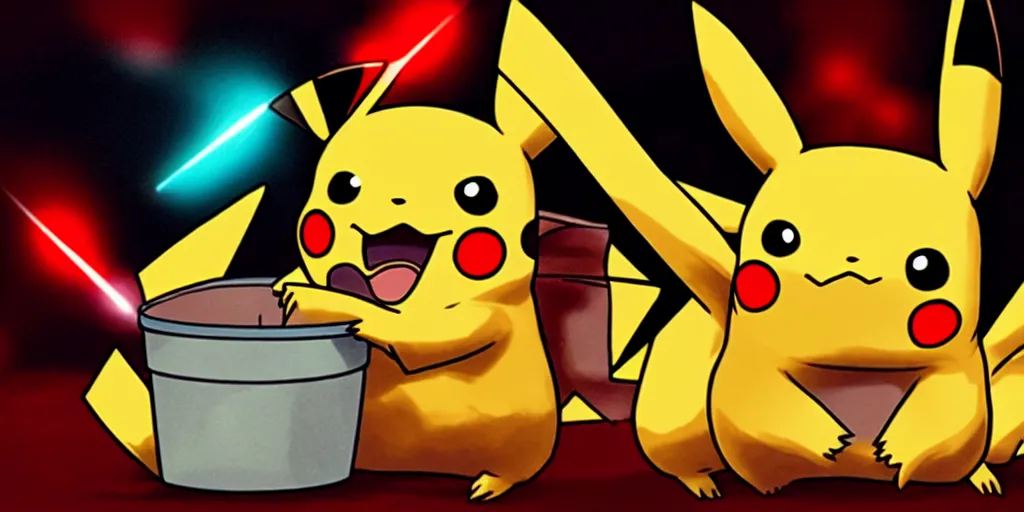 Image similar to pikachu devouring a dog, sharp teeth burtal eyes scary mouth dark room red candles trash bin