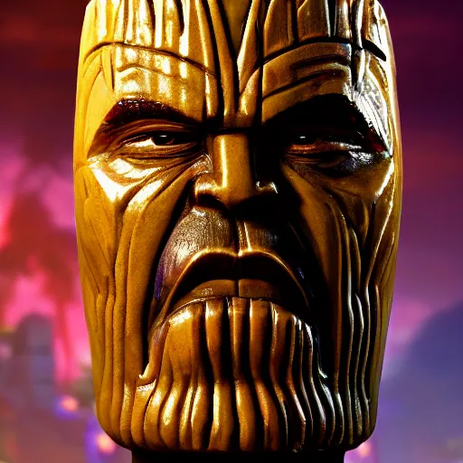 Image similar to a closeup photorealistic photograph of a glossy thanos style tiki mug sitting at a trader vic's bar featuring the face of thanos. tiki party. bright scene. fine detail. this 4 k hd image is trending on artstation, featured on behance, well - rendered, extra crisp, features intricate detail, epic composition and the style of unreal engine.