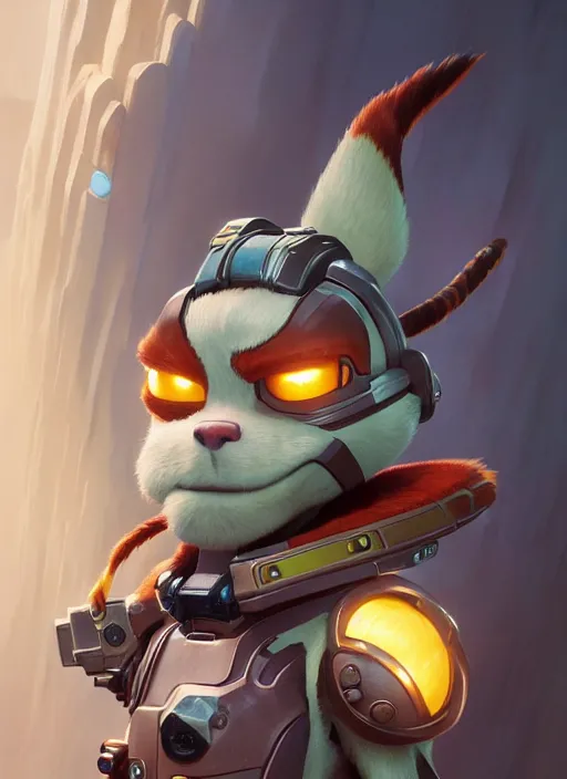 Image similar to Highly detailed portrait of Ratchet from ratchet and clank, Stephen Bliss, unreal engine, fantasy art by Greg Rutkowski, Loish, Rhads, ferdinand knab, Makoto Shinkai and Lois van baarle, ilya kuvshinov, rossdraws, Tom Bagshaw, alphonse mucha, global illumination, radiant light, detailed and intricate environment