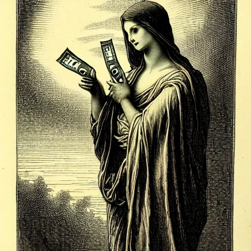 Image similar to lil baby holding stacks of cash, biblical image, style of gustave dore, highly detailed, beautiful, high contrast, black and white