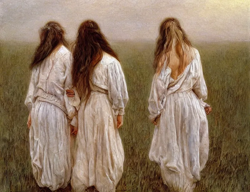 Image similar to peasant sisters with long messy hair, cottage core, cinematic focus, polaroid photo bleached vintage pastel colors high - key lighting, soft lights, foggy, by steve hanks, by lisa yuskavage, by serov valentin, by tarkovsky, 8 k render, detailed, oil on canvas