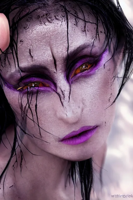 Image similar to highly detailed close up, elder ring, portrait photo of female forest elf black hair, purple eyes, black dress, with scar dramatic light, 8 k, by william didier