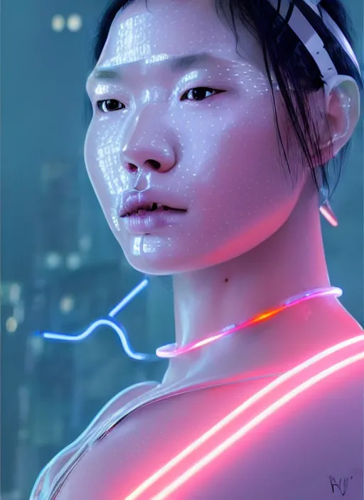 Image similar to an asian female humanoid with freckled cheeks, cyber neon lighting, futurism, intricate futuristic led lit jewelry, cyberpunk glossy white latex swimwear, profile posing, hyper photorealistic, crispy quality, digital photography, trending in artstation, trending in pinterest, cinematic, 4 k ultra hd, art by pascal blanche, art by greg rutkowski,