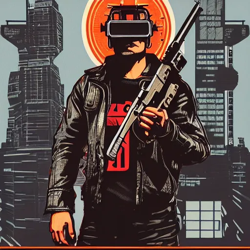 Prompt: Illustrated by Shepard Fairey and H.R. Geiger | Cyberpunk Rambo with VR helmet, surrounded by cables