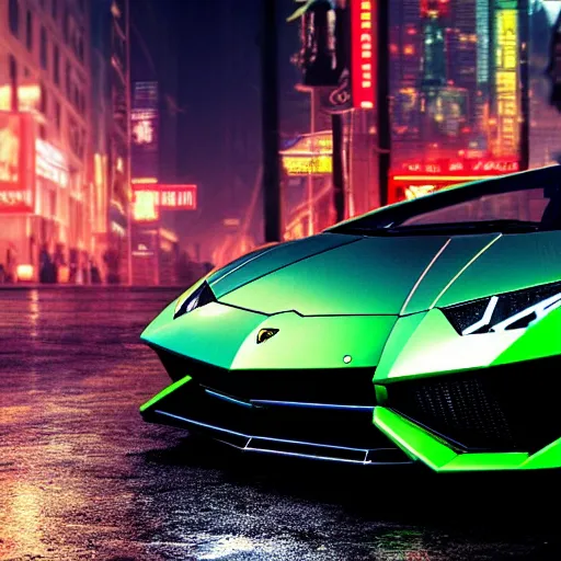 Prompt: Lamborghini in a cyberpunk street, realistic, high details, rain, night, 4k