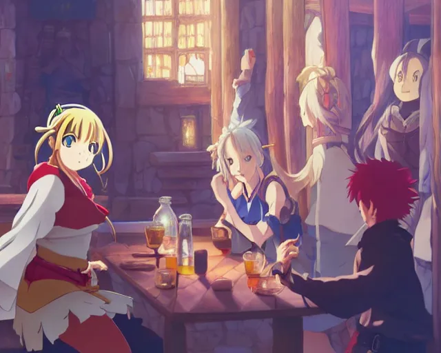 Prompt: anime visual, portrait of a young female traveler in a busy fantasy medieval tavern interior, cute face by yoh yoshinari, seven deadly sins anime, studio lighting, dynamic pose, dynamic perspective, strong silhouette, anime cels, cel shaded, slayers, in focus, rounded eyes