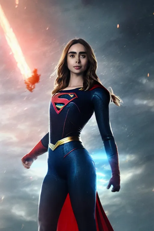 Image similar to a potrait of Lily Collins as Supergirl with man of steel suit style by Greg Rutkowski, Sung Choi, Mitchell Mohrhauser, Maciej Kuciara, Johnson Ting, Maxim Verehin, Peter Konig, 8k photorealistic, cinematic lighting, HD, high details, dramatic, trending on artstation, full body shot