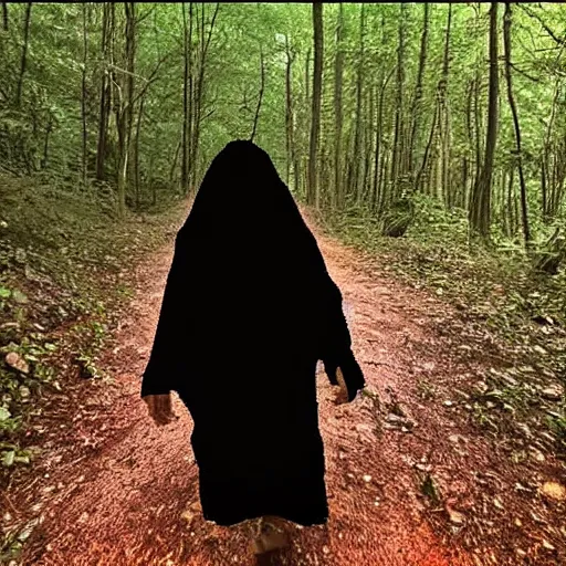Prompt: bad quality screenshot of a leaked video of a small person dressed with a full body black robe following me through a forest trail, night time, bright camera flash, camera shaking, realistic, ultrarealistic, 4 8 0 p, scary