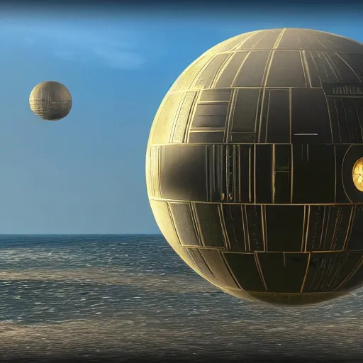 Image similar to the death star floating above a beautiful beachfront, raining gold, unreal engine rendering, highly detailed