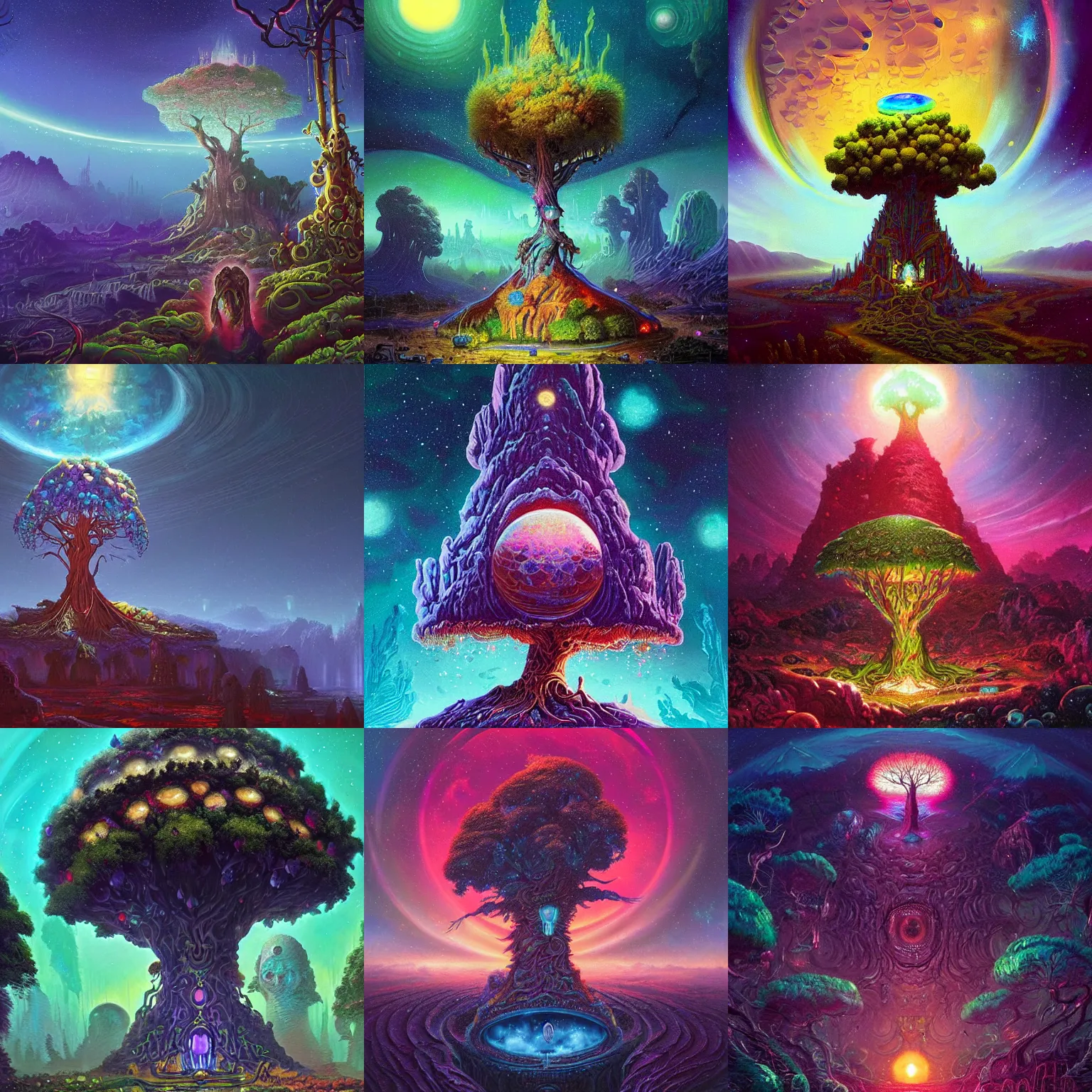 Prompt: a masterpiece! matte painting of a beautiful! tree with a shining opal! in its center and opulent crystals! at its base set within an alien! landscape, by Paul Lehr and Dan Mumford and Dan Hillier