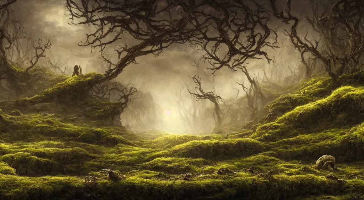 Image similar to Panorama of a desolate land incorporating a giant 65 year-old Gaia covered in moss, crying softly and humbly, sitting on a dried up river, highly-detailed, elegant, dramatic lighting, artstation, 4k, cinematic landscape