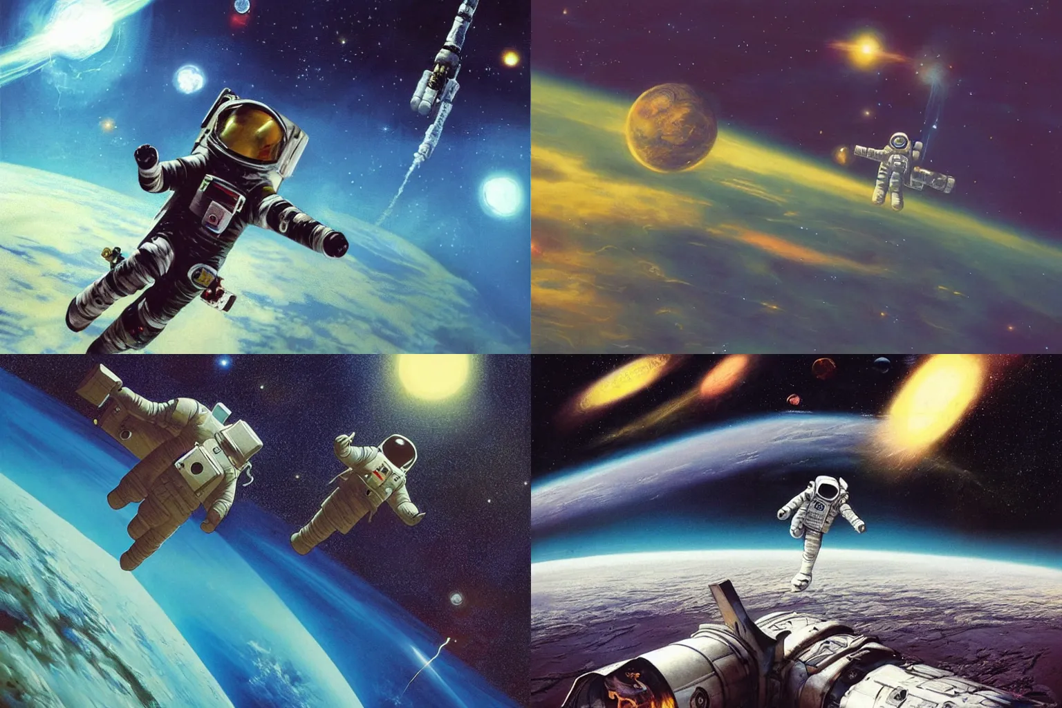 Prompt: concept art of a lonely astronaut drifting in the voids of space by Chris Foss and Chris Moore, distant, vivid, atmospheric, cinematic