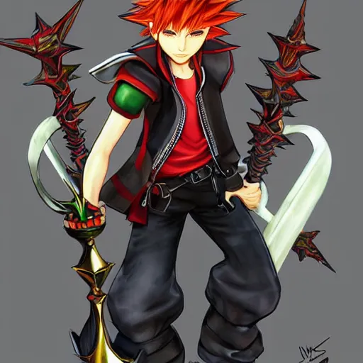 Prompt: a red haired boy with green eyes spiky hair holding an oversized elaborate Lance. Detailed. kingdom hearts concept art. Square enix. Tatsuya Nomura. By Shigenori Soejima.