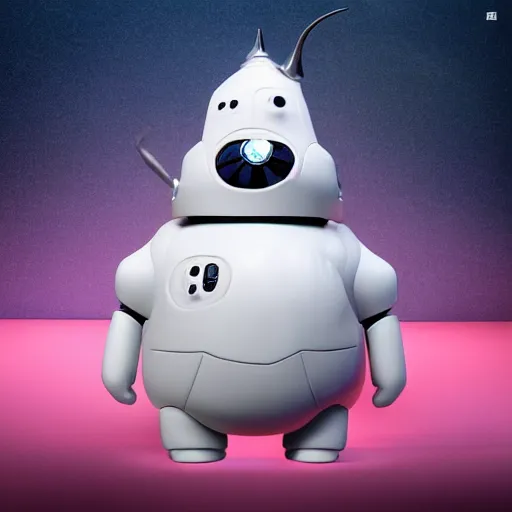 Image similar to a mechanical moomin with big head and horns, space style, metal, 3D art, in style of Baymax, smooth, 8k
