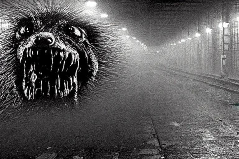 Image similar to very large giant mutant zombie irradiated ( angry rat ) staying on railways in tonnel of moscow subway. tonnel, railways, giant angry rat, furr, fangs, claws, very realistic. fog, silent hill style, extreme long shot, herman nitsch, giger.