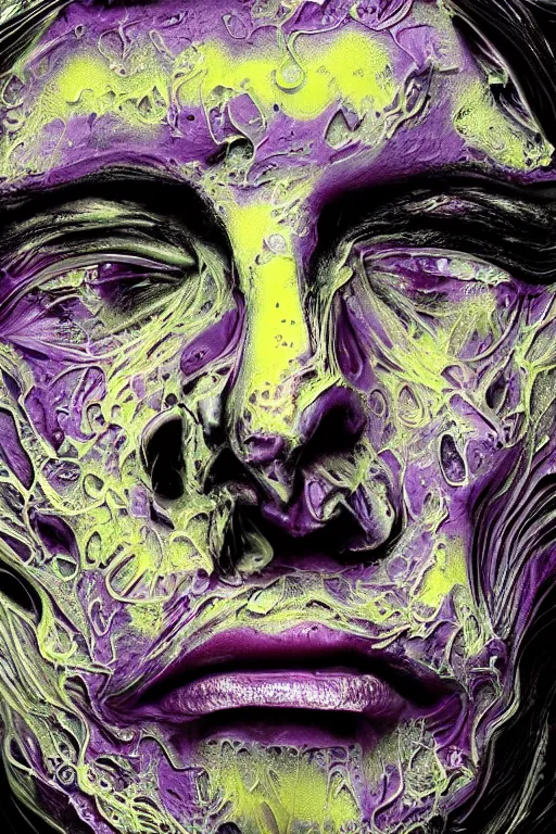 Image similar to psychedelic melting wax face, close up shot, diffuse lighting, intricate, elegant, highly detailed portrait, lifelike, photorealistic, digital painting, smooth, sharp focus