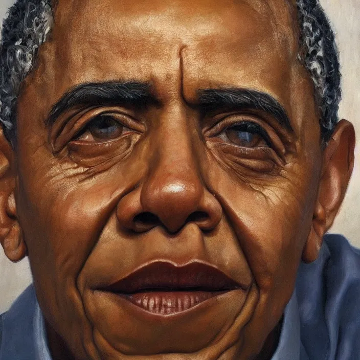 Prompt: hyperrealistic close up studio portrait of aging old Barak Obama age 103 wrinkled sorrowful, oil painting by Ivan Albright and Lucian Freud and Ron Mueck, trending on artstation Studio lighting hyperrealism