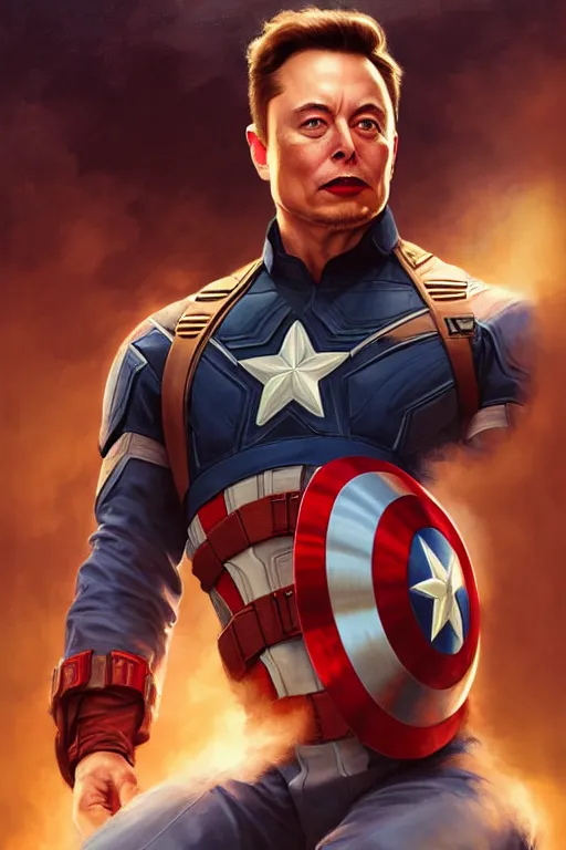 Image similar to elon musk as captain america, portrait, highly detailed, digital painting, artstation, concept art, smooth, sharp focus, illustration, cinematic lighting, art by artgerm and greg rutkowski and alphonse mucha