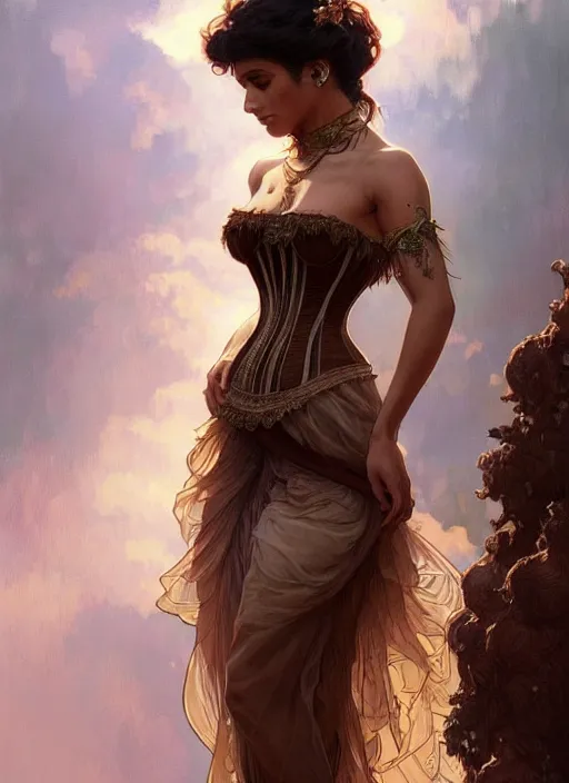 Image similar to cute brown woman wearing a transparent corset dress, fantasy, intricate, highly detailed, digital painting, artstation, concept art, wallpaper, smooth, sharp focus, illustration, art by artgerm and greg rutkowski and alphonse mucha