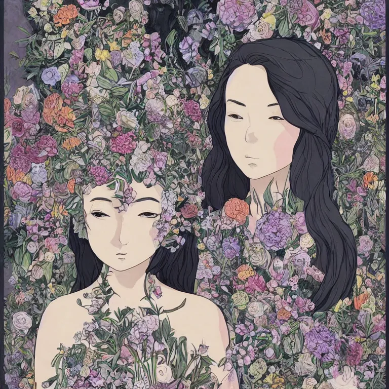 Image similar to young goddess, beautiful symmetrical face detailed face, realistic proportions, wearing a dark grey dress, peering from behind an ( enormous conical pile of skulls )!!! with flowers in the background, lush painting in the style of studio ghibli