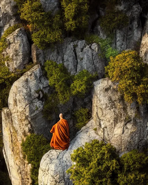 Prompt: a close up of a magical monk floating above a large rock in the mountains with trees in the background. highly detailed beautiful digital wallpaper art, 4 k, cinematic composition