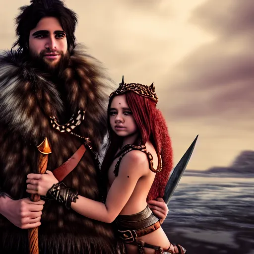 Image similar to a DND barbarian wearing fur coat holding a small Triton girl with black hair, high resolution film still, 4k, HDR colors