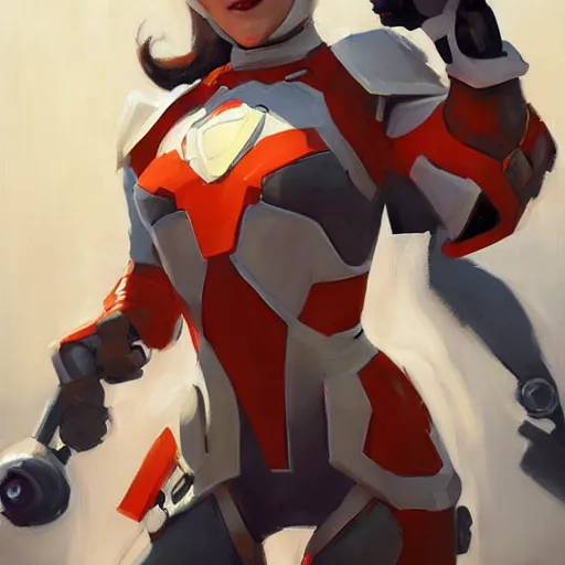 Image similar to greg manchess portrait painting of a female ironman as overwatch character, medium shot, asymmetrical, profile picture, organic painting, sunny day, matte painting, bold shapes, hard edges, street art, trending on artstation, by huang guangjian, gil elvgren, ruan jia, greg rutkowski, gaston bussiere