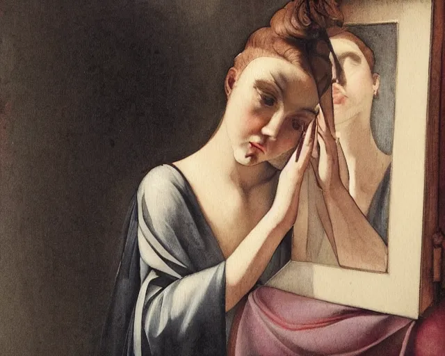 Image similar to a very unique stylize watercolor painting. 3 / 4, medium shot. a straight and long nose, and huge prominent eyes. she is looking at the mirror and crying to the sun. old photograph. sharp image. academicism, highly detailed, color harmony, art station, ornate, caravaggio style. old photography