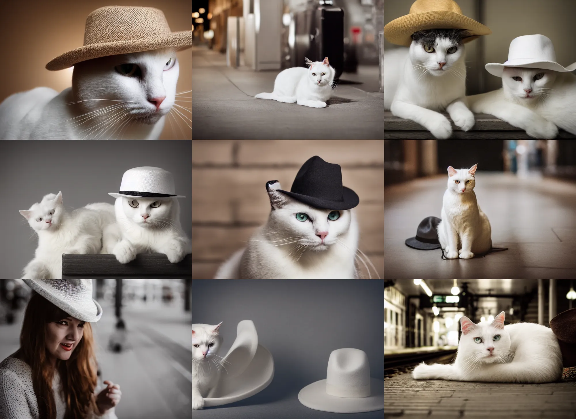 Prompt: photo still of white cat with a hat a train station, 8 k, studio lighting bright ambient lighting key light, 8 5 mm f 1. 8