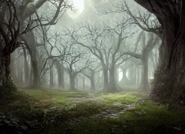 Prompt: secret garden, pathway, trees with faces, in the style of pan's labyrinth movie, spooky, very dark, concept art, unreal engine 5, matte painting, artstation, caspar friedrich